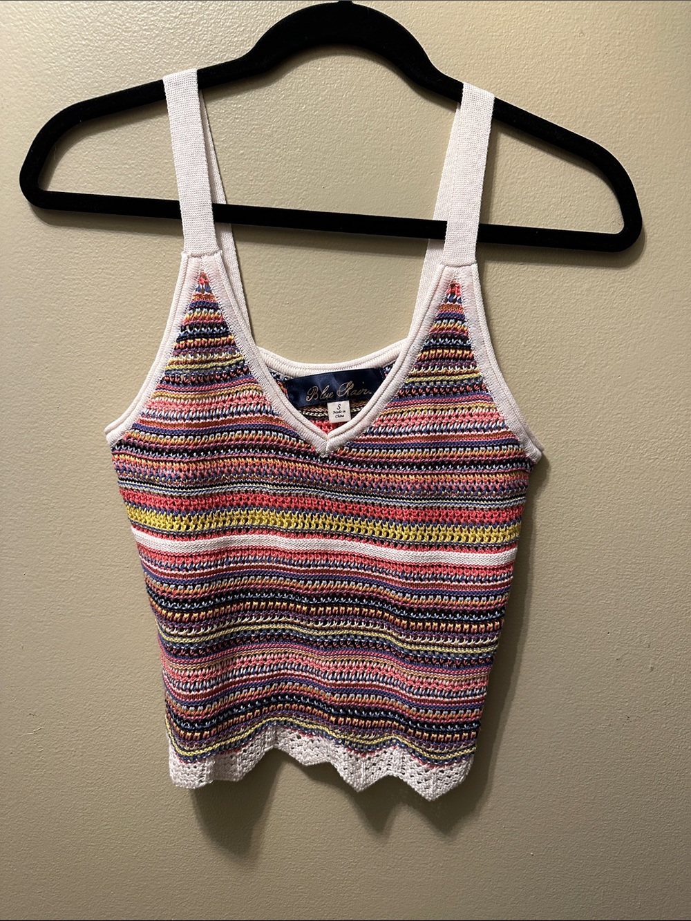 Blue Rain Multicolor Crochet-Style Striped Tank Top with White Trim
